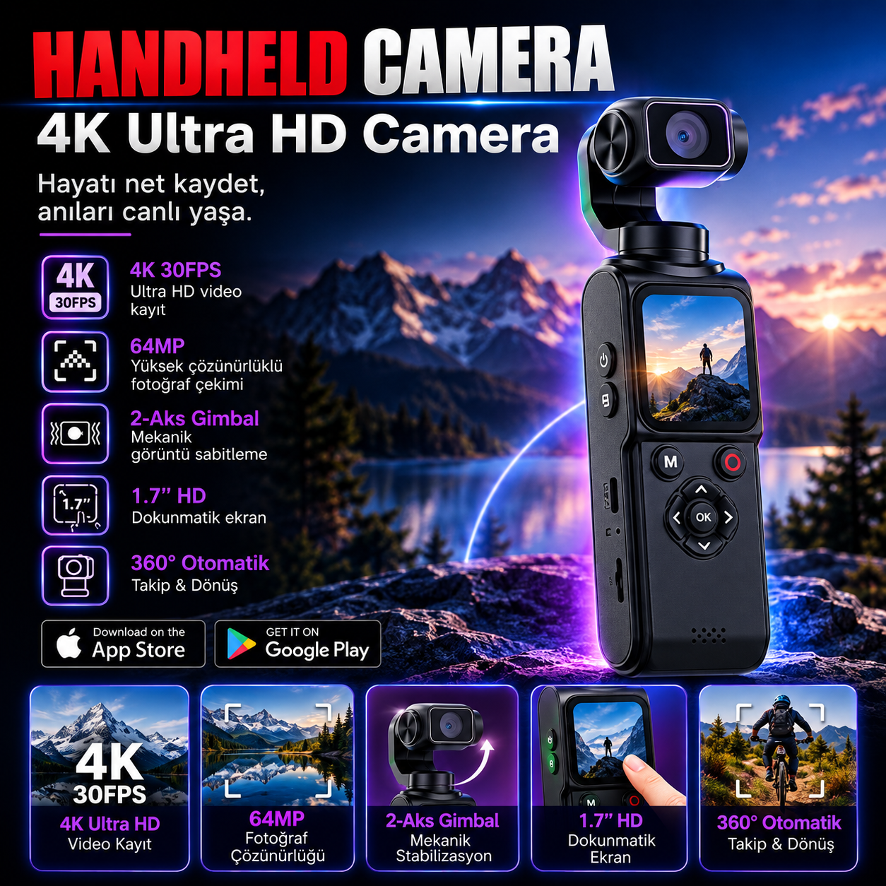 4K Gimbal Kamera - 4K Ultra HD Video ve 64MP Fotoğraf Çekim Kamerası