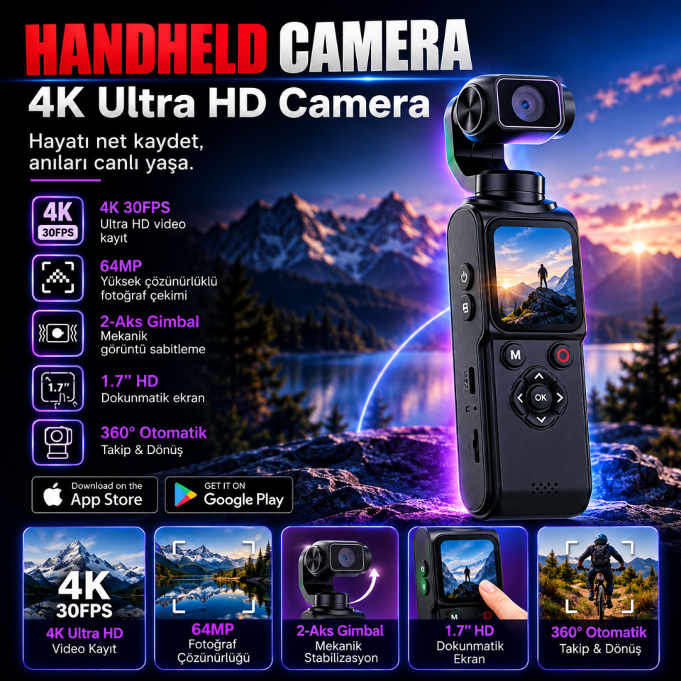 4K Gimbal Kamera - 4K Ultra HD Video ve 64MP Fotoğraf Çekim Kamerası